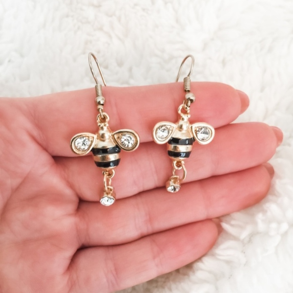 New Gold Tone Crystal Dangle Bee Earrings